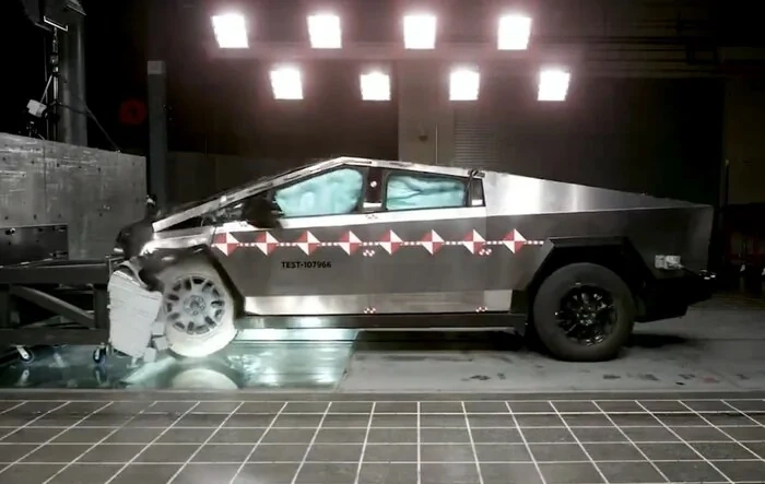 New Cybertruck crash test clip posted by Tesla (@Cybertruck) -- 12/12/23