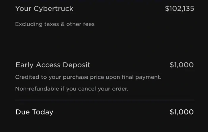 Reservation holders must now pay nonrefundable $1,000 "Early Access Deposit" to convert reservation into an Order (new as of 12/12/23)