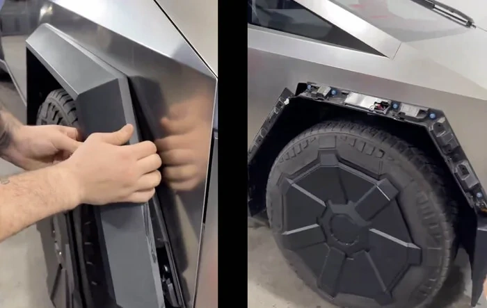 Fender Flares remove easily from Cybertruck (video) & satin black wrap installed