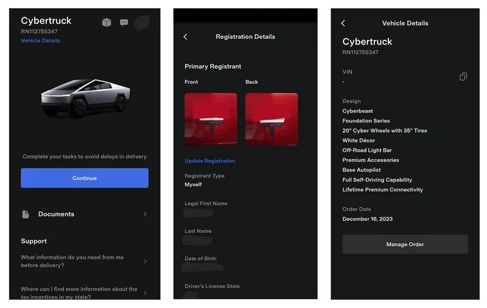 App Screenshots: once you've placed your Cybertruck order (not reservation)