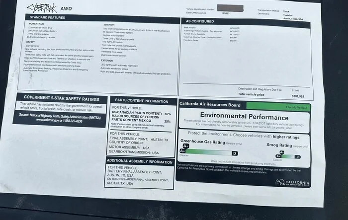 Another Monroney Window Sticker: Cybertruck Dual Motor AWD, shows date of manufacture