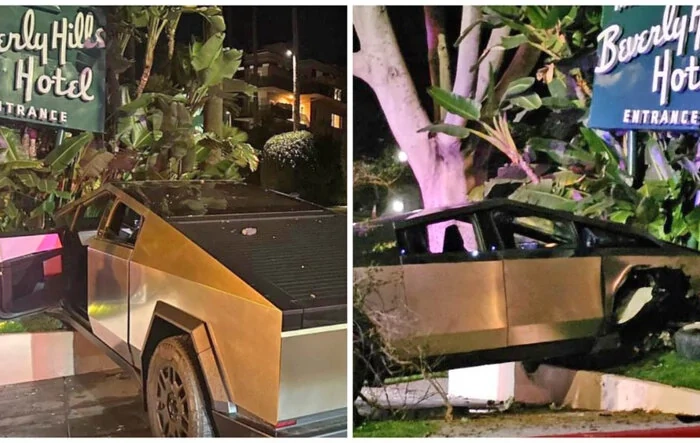 [Update: NOT VALET]  owner crashes Cybertruck at Beverly Hills Hotel 🤦🏻‍♂️