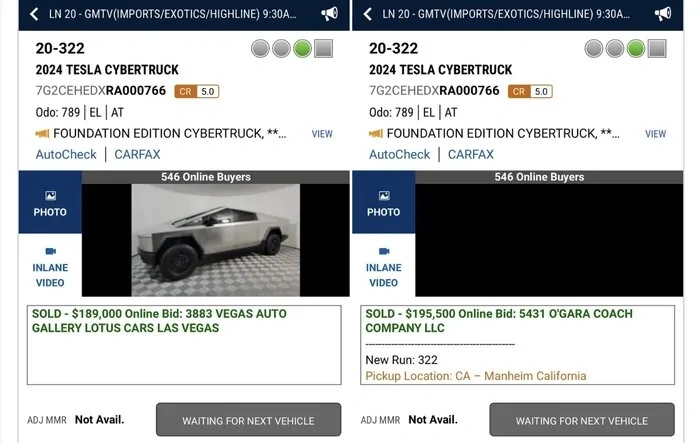 Cybertruck sold today at Manheim auction for $195K (on 3/6/24)