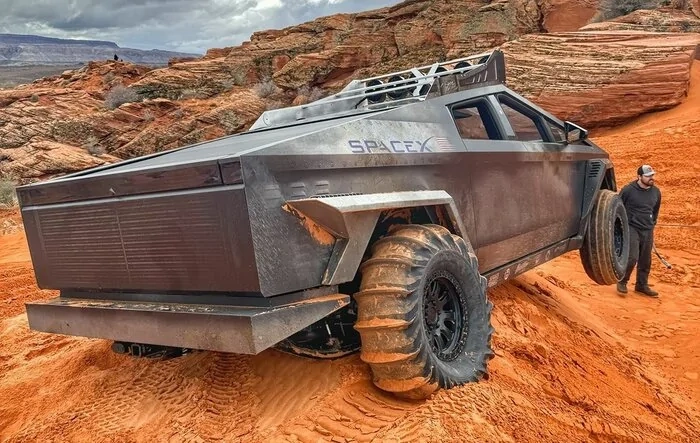 Cybertruck Cybertrax converted for sand & dunes use w/ sand paddles