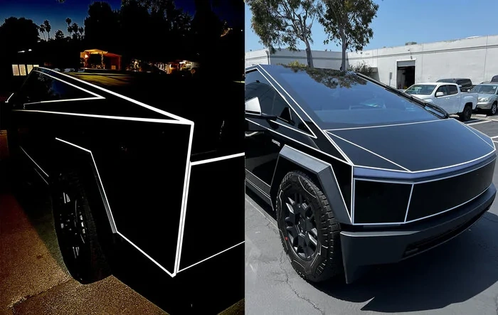 Got my refective Tron wrap done! -- Cybertruck w/ Inozetek gloss black vinyl wrap + 3M reflective tape + Xpel clear PPF on hood