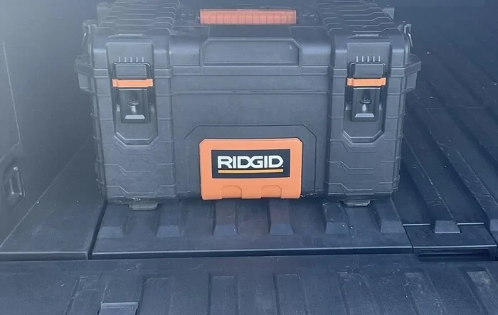 Ridgid toolbox slides right into bed floor grooves
