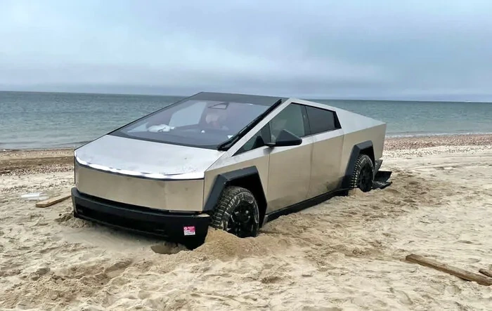Another Cybertruck stuck on beach = PSA: air down tires + engage Sand Mode (Off-Road Mode)