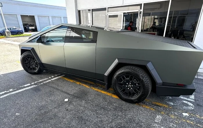 Satin Forest Green Color Wrap on Cybertruck - First Installed Look