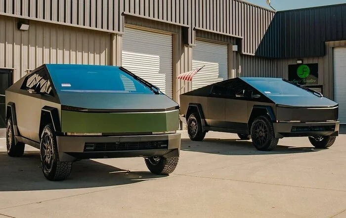 (PURE PPF) Satin Forest Green and Frozen Black Cybertrucks wrapped by Elite Auto Detailing
