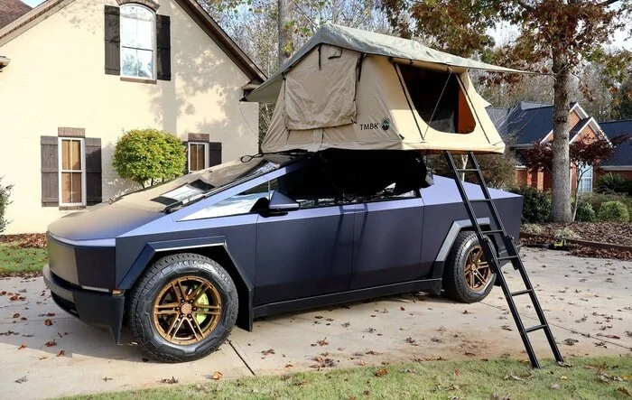 Cybertruck in PWF Matte Space Mugello vinyl wrap + custom roof rack + RTT roof top tent + aftermarket bronze wheels