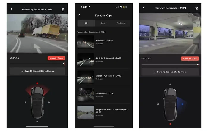 Video: Dashcam stream and Sentry Mode recording view in Tesla App