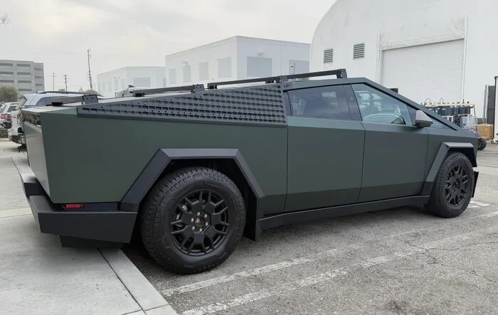 Customer Cybertruck in PURE PPF Forest Green Wrap, Gyeon Ceramic Coat, UP MOLLE Sails and Roof Racks
