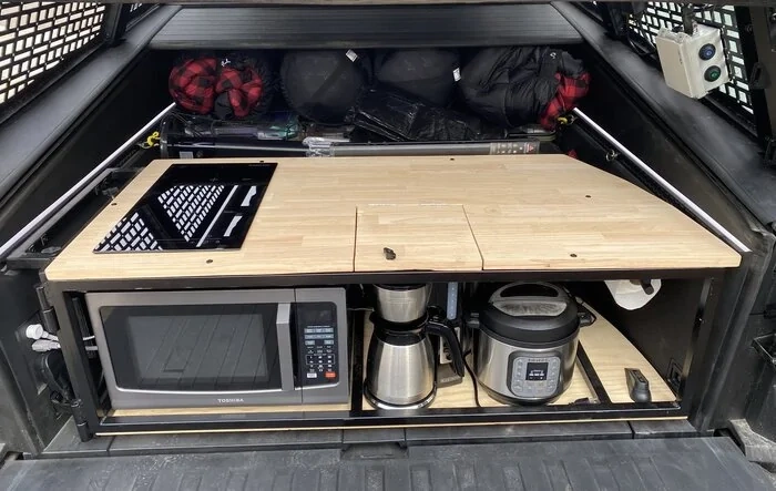 Ultimate Glamping Machine: Custom Slide-Out Kitchen with Urander Rack & 4-Person Tent!