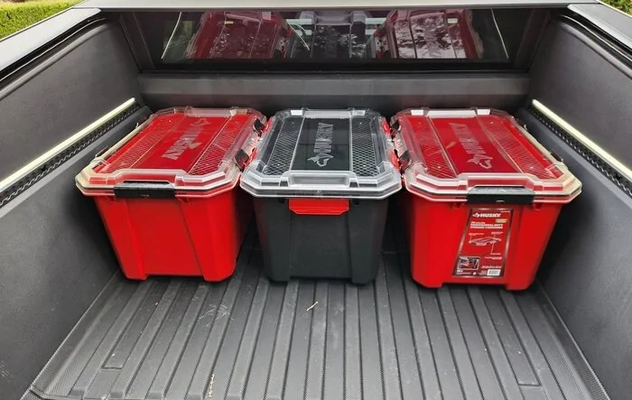 Husky Storage Containers fit nicely in Cybertruck bed