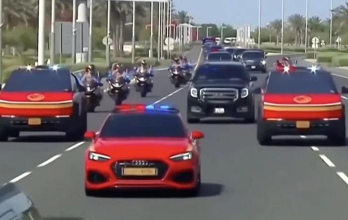 Qatar Police Cybertrucks first looks - leading presidential motorcade for POTUS