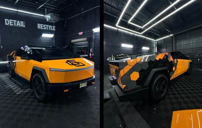 McLaren Orange PPF wrap with custom graphics and tint on my Cybertruck