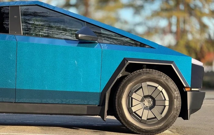 Cybertruck wrapped in TWRAPS Purple Phantom Blue