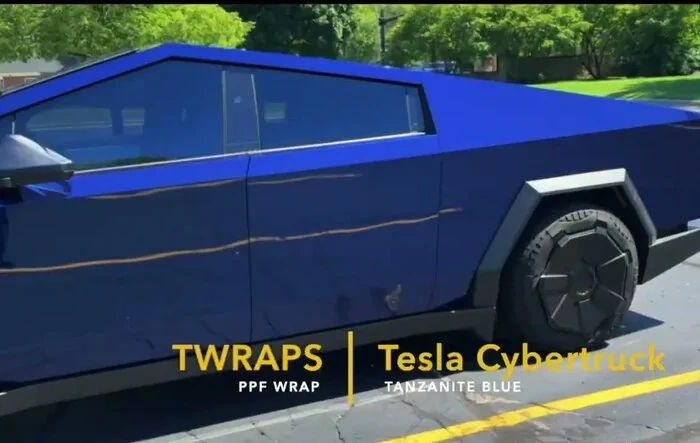 Cybertruck wrapped in TWRAPS Tanzanite Blue PPF