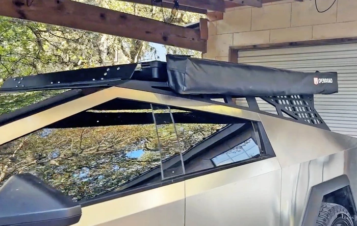 Roof Rack, Tent, Awning, and Wind Fairing setup on my Cybertruck