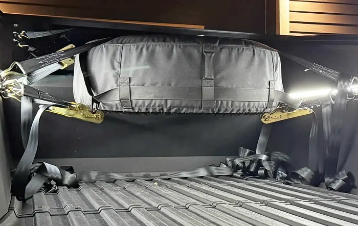 $63 Spare Tire Carrier Sling DIY – 15 min install, full 6 ft bed length + vault closes perfectly