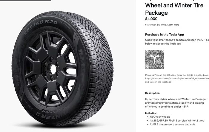 New Winter Tire Package (20" Cyber Wheels, 285/65R20 Pirelli Scorpion Winter 2 tires, TPMS). Includes free month of FSD