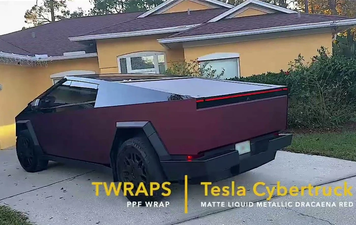 Cybertruck wrapped in TWRAPS Matte Liquid Metallic Dracaena Red PPF