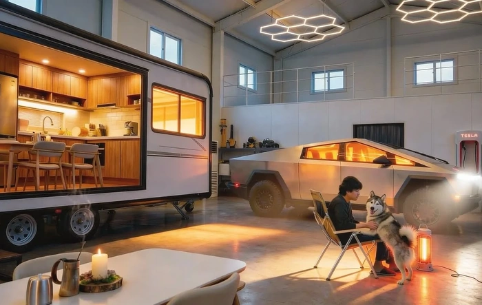 FISH13’s Latest: Warehouse “Home” with Cybertruck as the Star – Ultimate Man Cave or Glamping Hack?