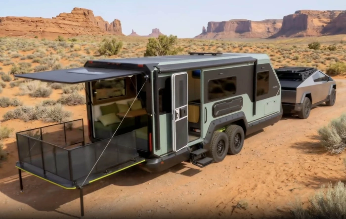 Evotrex-PG5 RV Trailer: Off-Grid Camping with AC On — V2V Charging, Home Energy Backup, and More