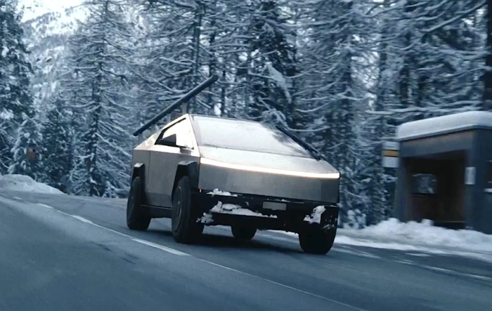 Boardslide the whip: Cybertruck + Skiers & Snowboarders video feature