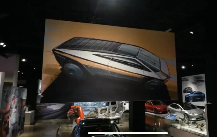 2-Door Cybertruck design sketch displayed at Petersen Museum exhibit