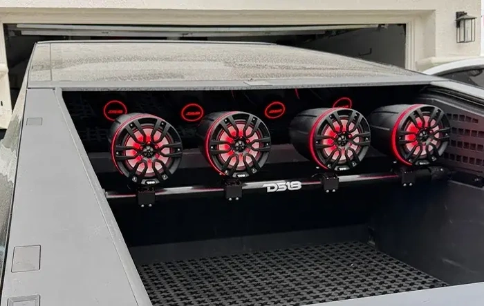 First Cybertruck wake tower speaker setup