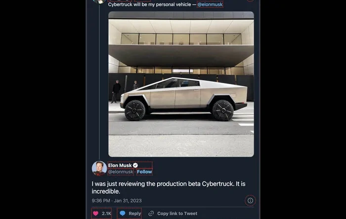Elon: "I was just reviewing the production beta Cybertruck. It is incredible."