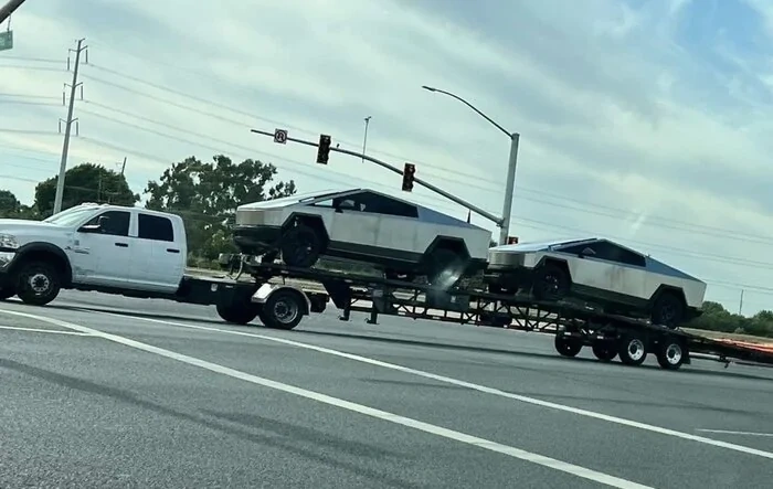 2 CybertruckS (plural) Trailered Tow Through Stockton CA!