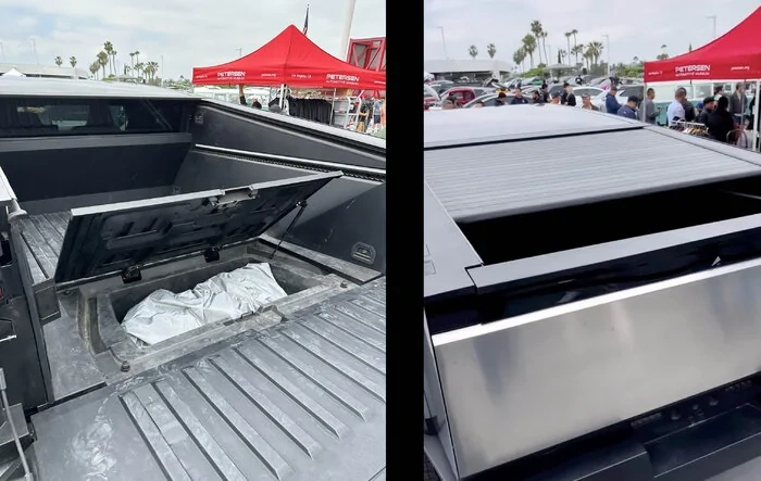 Cybertruck vault sub-trunk fully opened! + Tonneau cover and tailgate lowering in action!