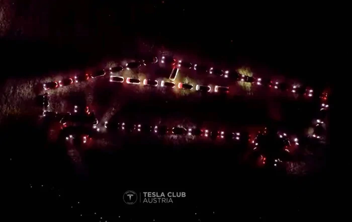 Cybertruck lightshow featuring 170 Teslas at Tesla Takeover in San Luis Obispo
