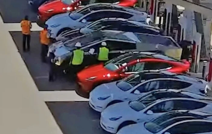 Another Cybertruck charging today! Size comparison vs. other Teslas (side view)