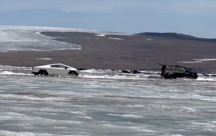 Cybertruck drives on glacier! (for commercial / video shoot??)