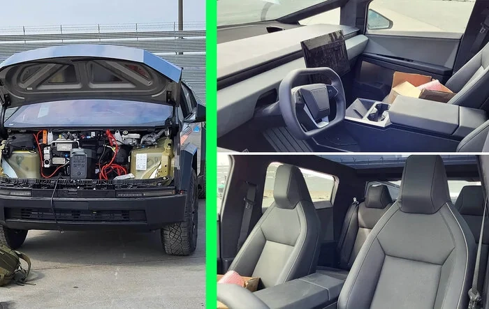 Closeups!! Dual Motor Cybertruck shows frunk open, alcantara headliner, perforated seats, rectangular steering wheel, VIN # (8/31 pics)