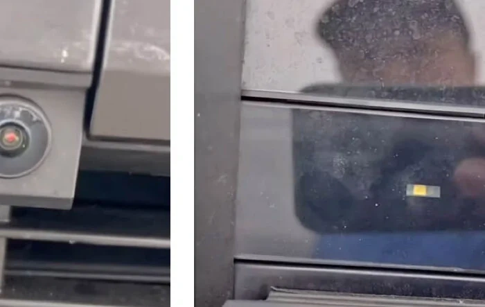 My Cybertruck closeups: front bumper camera & passenger door button (spotted at Tesla Service Center)