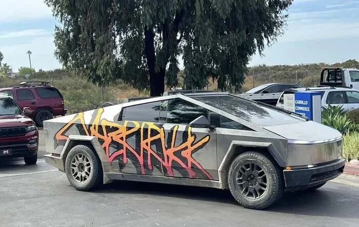Baja Cybertruck returns to US. Parked for viewing in Orange County!