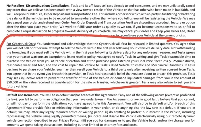 Cybertruck NO RESALE Restriction (1 Year) Spotted in Purchase Agreement Language