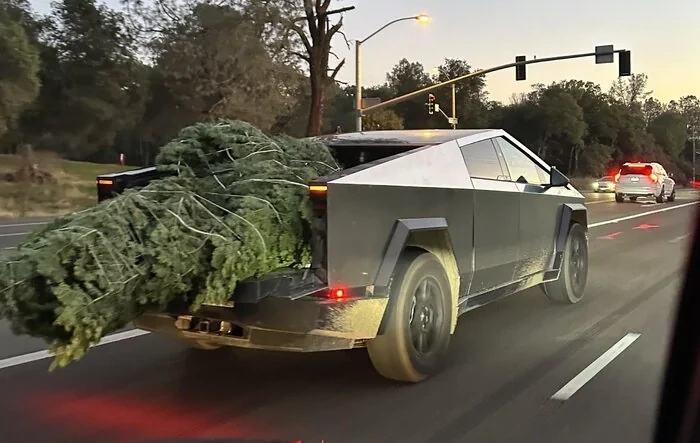 Cybertruck hauling BACT (Big Ass Christmas Tree) with tailgate down 🎄